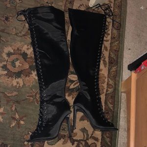 Satin peep toe thigh highs (zipper in the back)